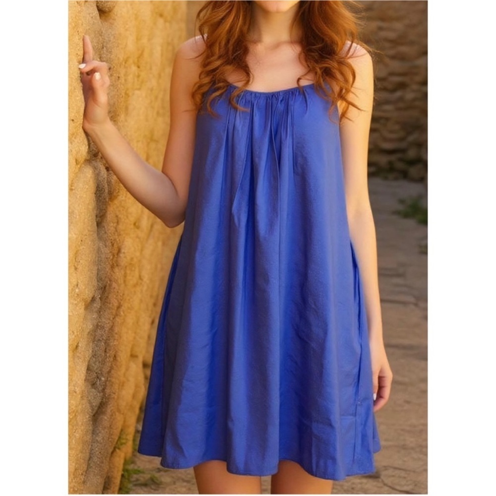 COS Gathered Strappy Slip On Mini Dress Cobalt Blue Loose Fit Summer Vacation 10